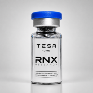 Tesamorelin 10mg lyophilized research peptide (GRF analog) in a sealed glass vial, third-party COA verified — RNXResearch
