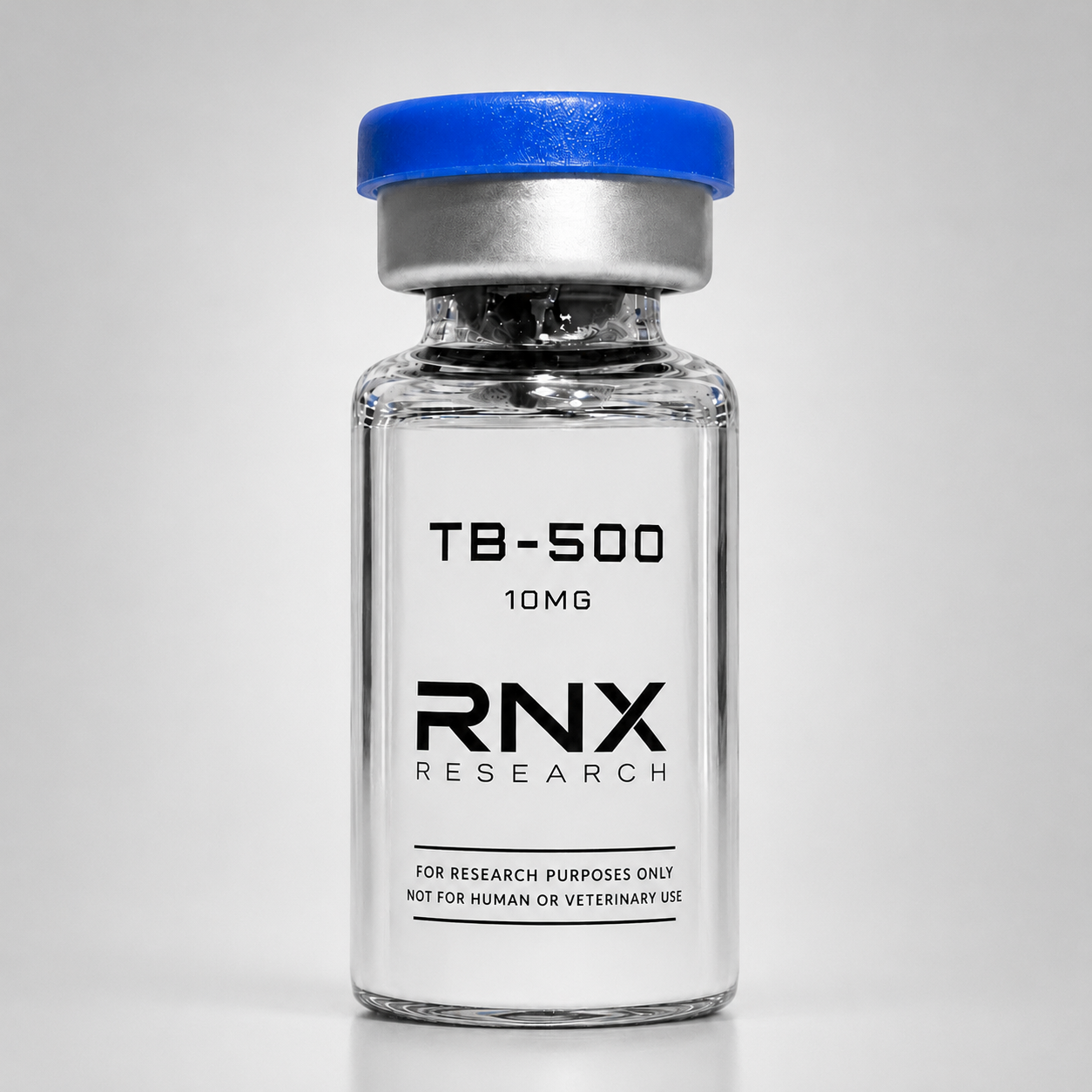 TB-500 research peptide in a sealed glass vial, lyophilized white powder