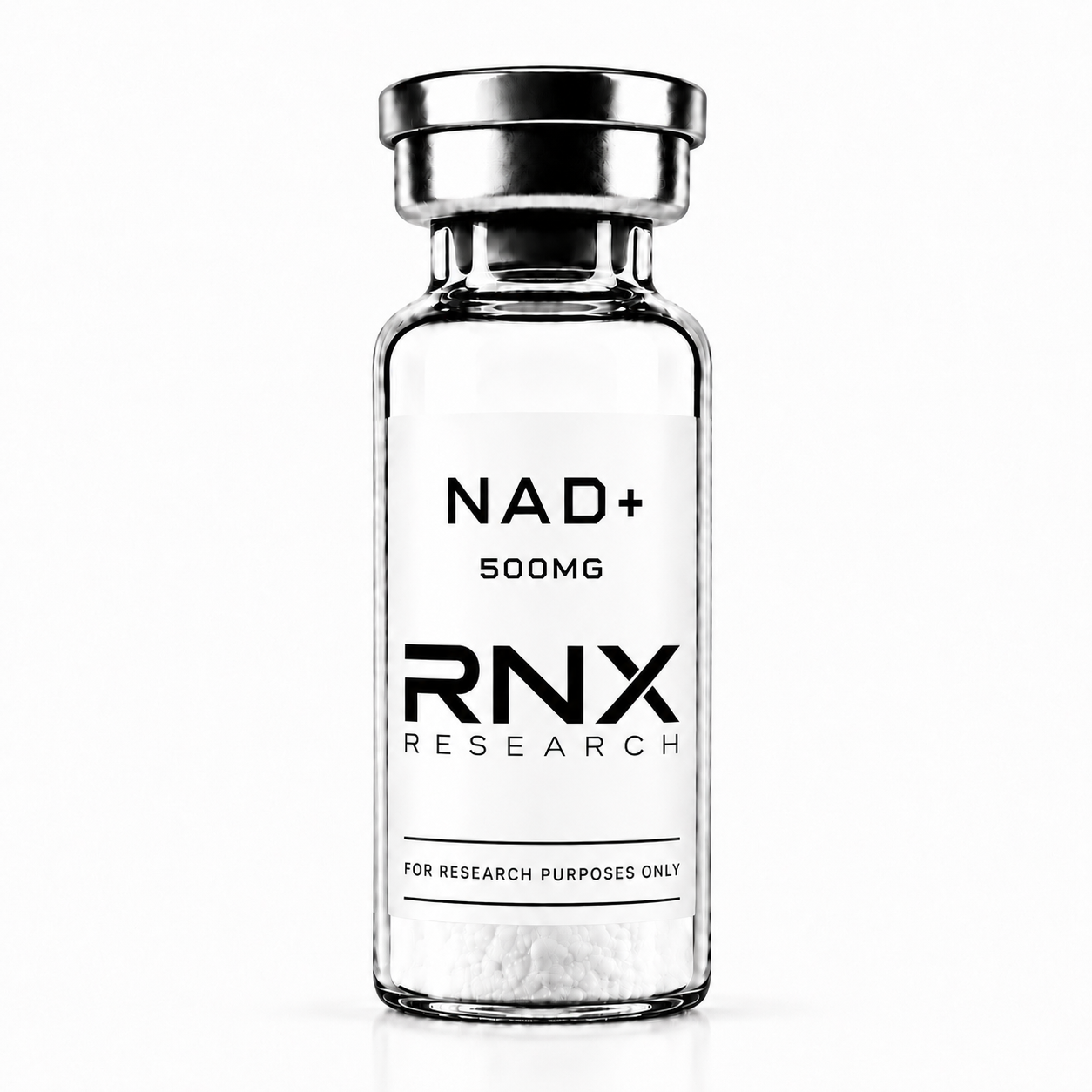 NAD+ research compound in a sealed glass vial, lyophilized white powder