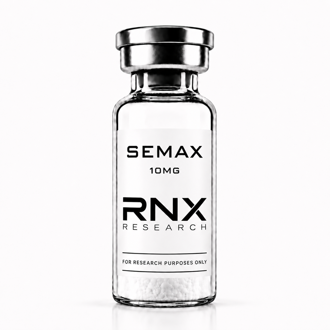 Semax research peptide in a sealed glass vial, lyophilized white powder