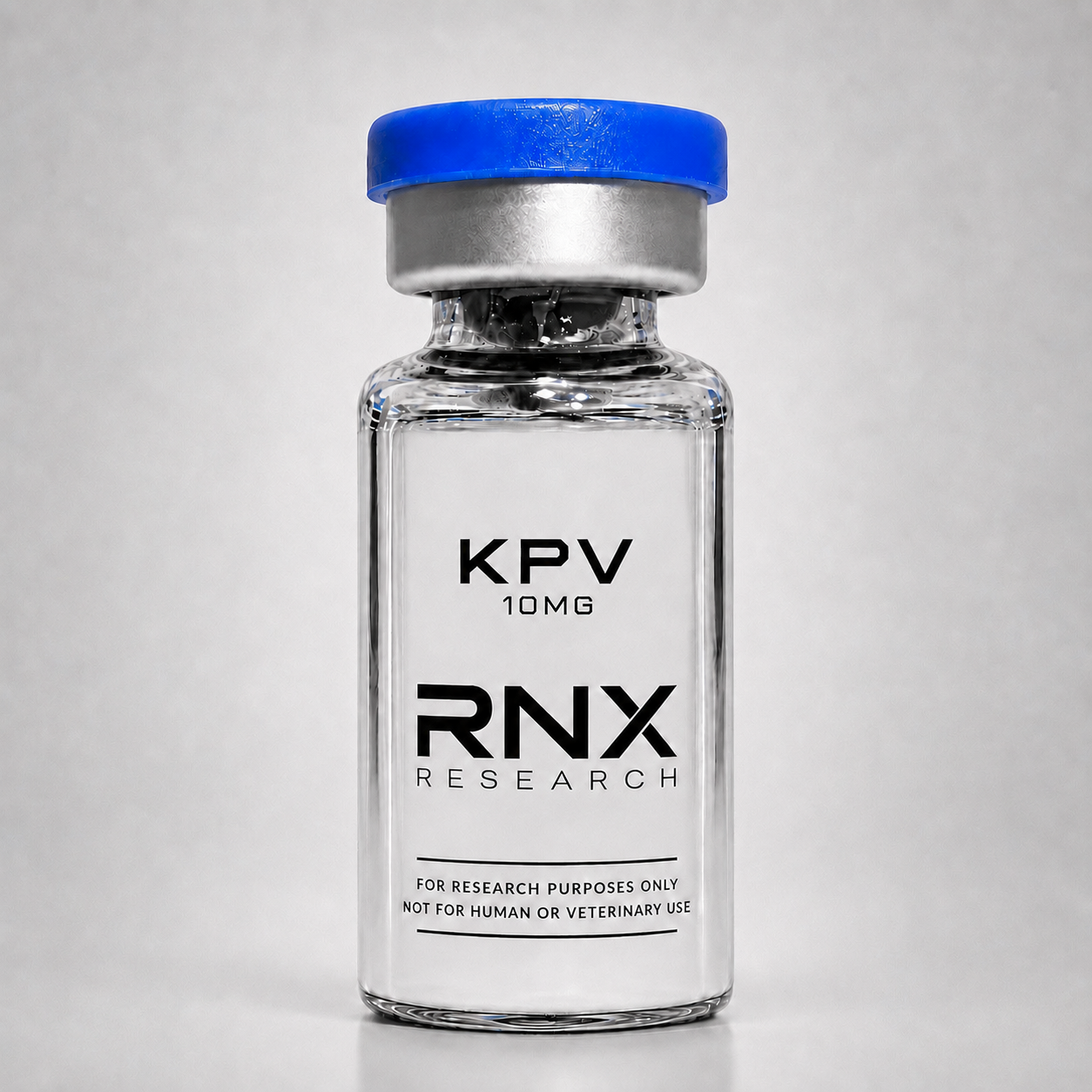 KPV research peptide in a sealed glass vial, lyophilized white powder