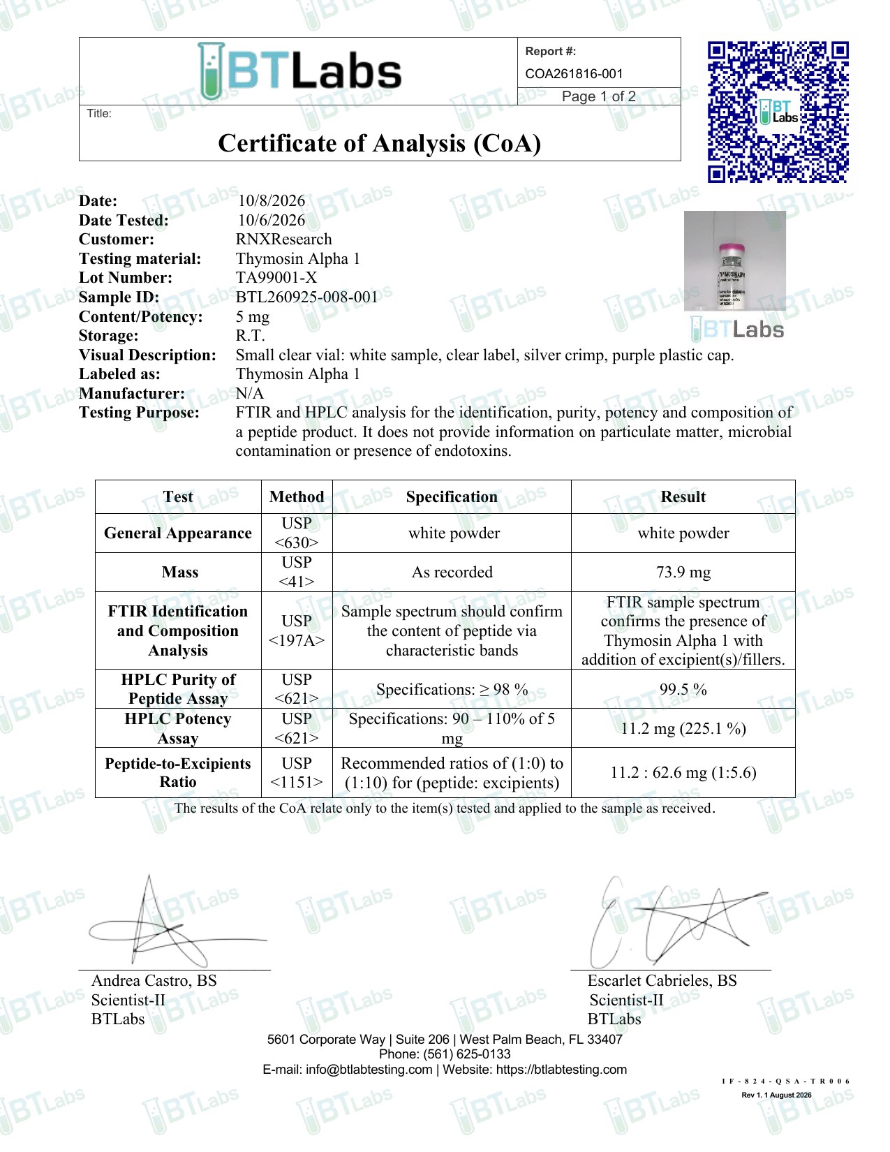 THYMOSIN ALPHA-1 5MG Certificate of Analysis lot TA99001-X page 1